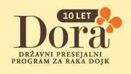 Logotip prikazuje napis "Dora" z oznako "10 let" in metuljem, spodaj pa piše "Državni presejalni program za raka dojk".