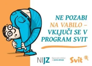 Ilustracija moškega, ki se sklanja z glavo med nogami, ob njem pa je besedilo "Ne pozabi na vabilo – vključi se v program SVIT" ter logotipa NIJZ in Svit.
